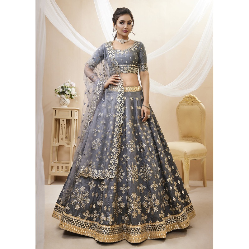 Irresistible Grey Art Silk Embroidered Reception Wear Lehenga Choli