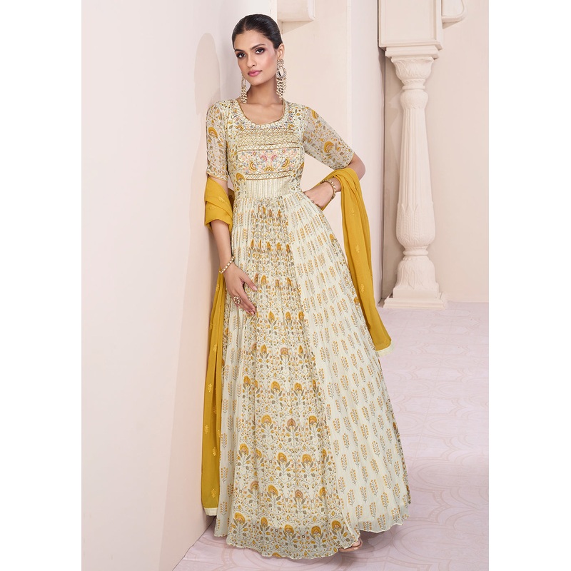Ivory & Mustard Georgette Printed & Embroidered Anarkali Dress