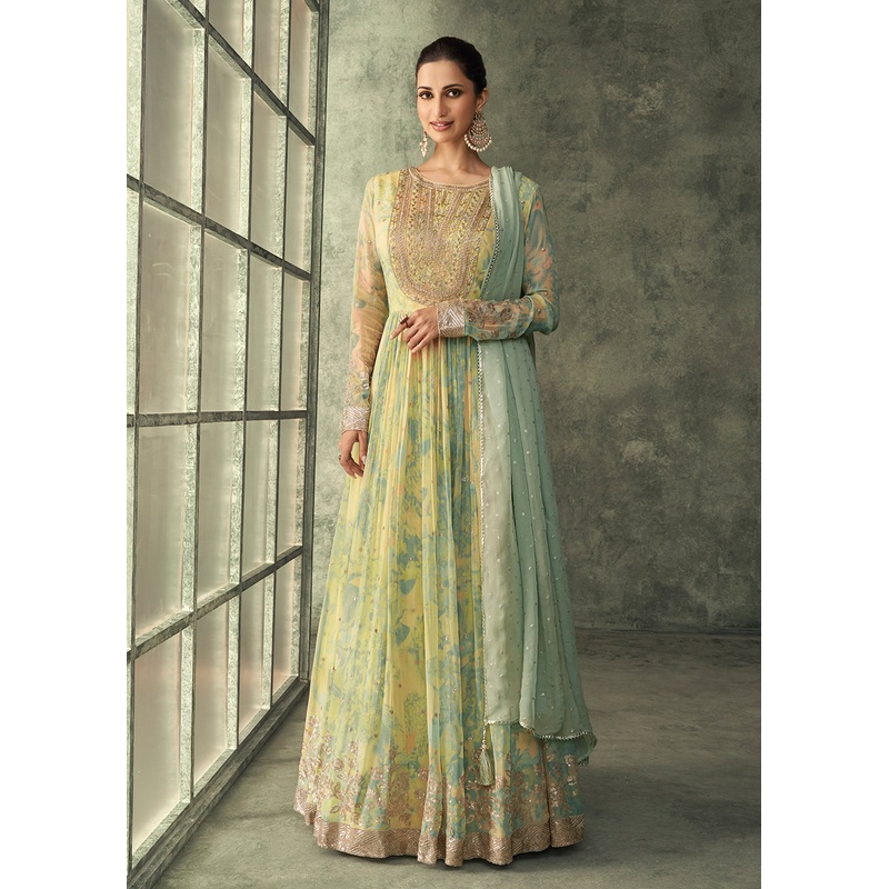 Light Yellow Georgette Embroidered Designer Wedding Gown