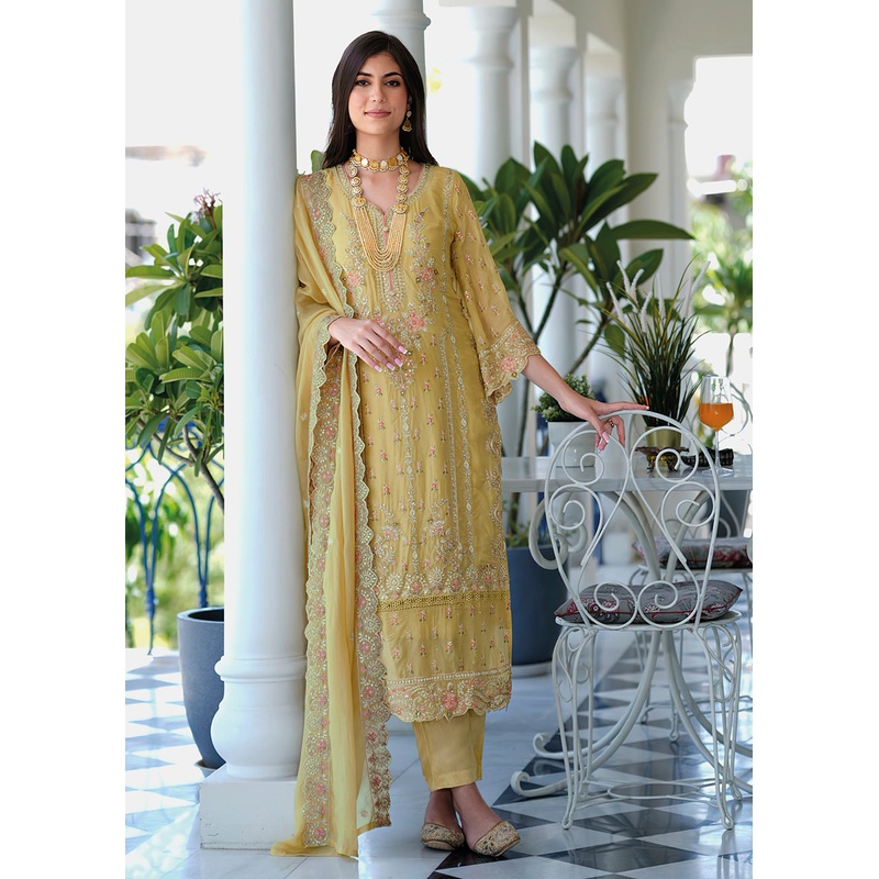 Light Yellow Soft Organza Embroidered Pant Style Salwar Suit
