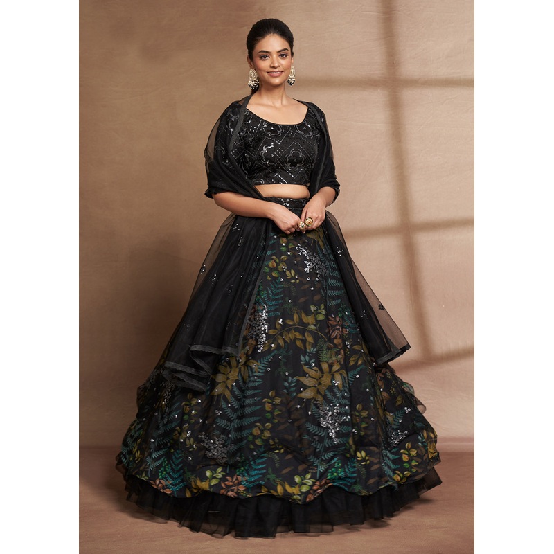 Lovely Black Floral Digital Printed & Embroidered Lehenga Choli