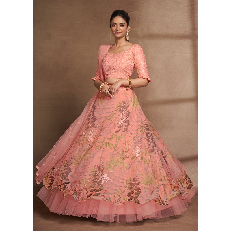 Lovely Peach Floral Digital Printed & Embroidered Lehenga Choli