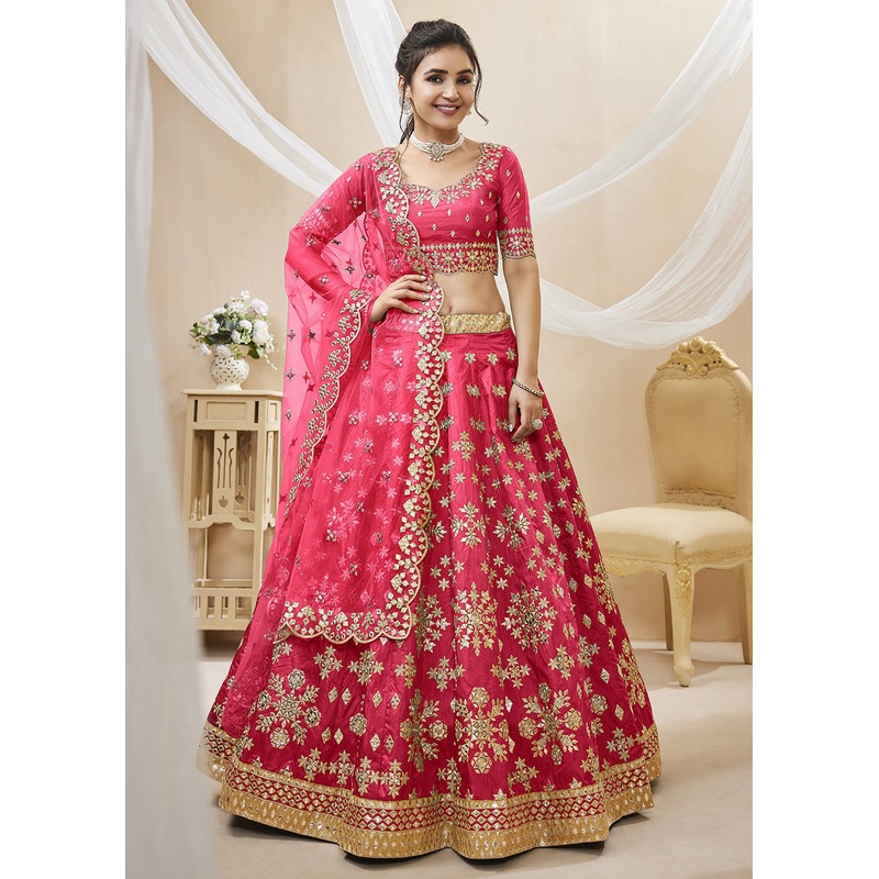 Lovely Pink Art Silk Embroidered Reception Wear Lehenga Choli