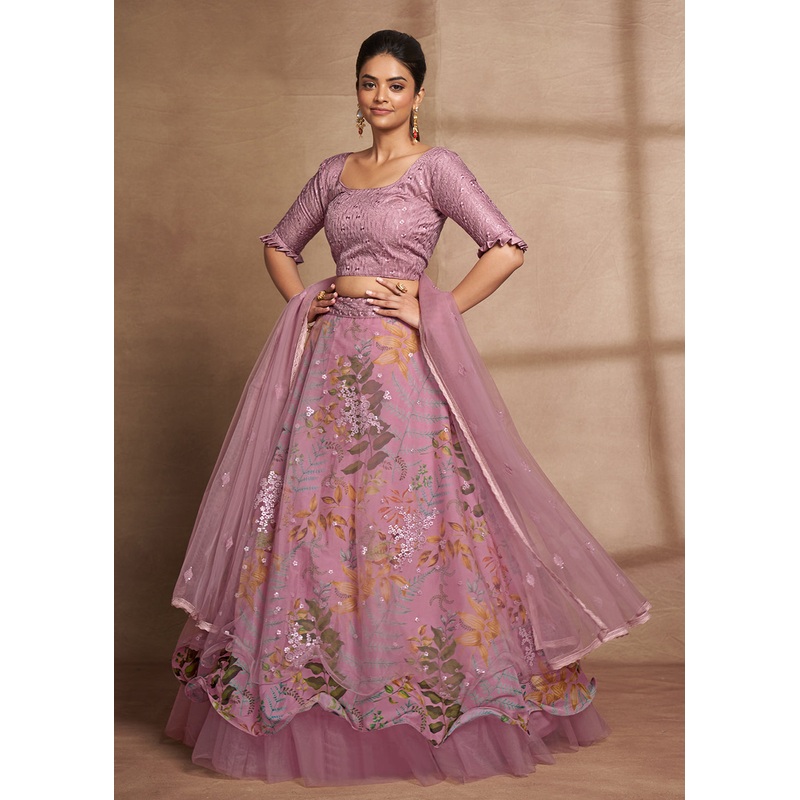 Lovely Purple Floral Digital Printed & Embroidered Lehenga Choli