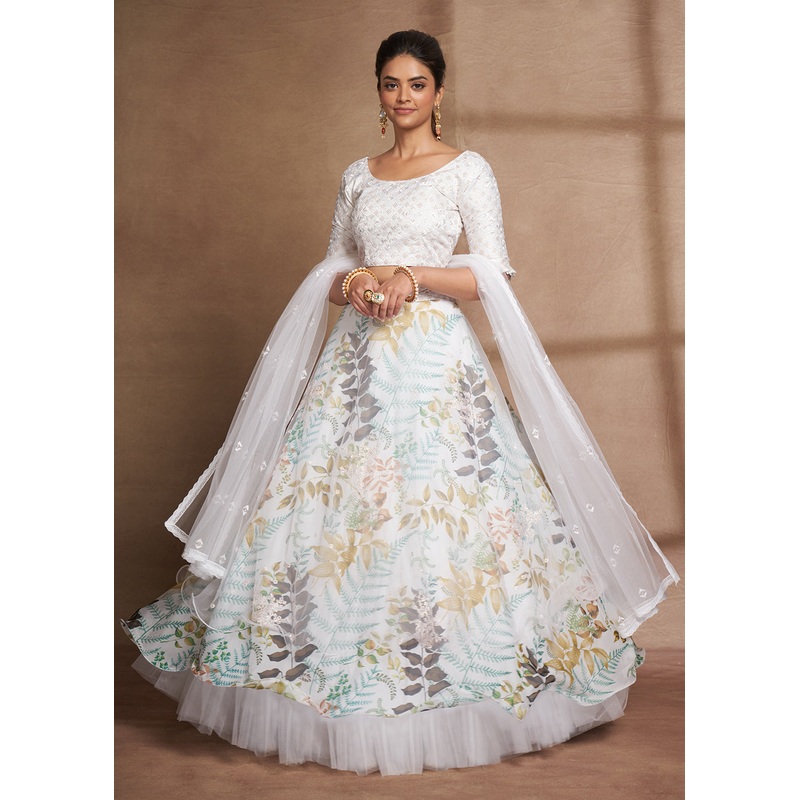 Lovely White Floral Digital Printed & Embroidered Lehenga Choli