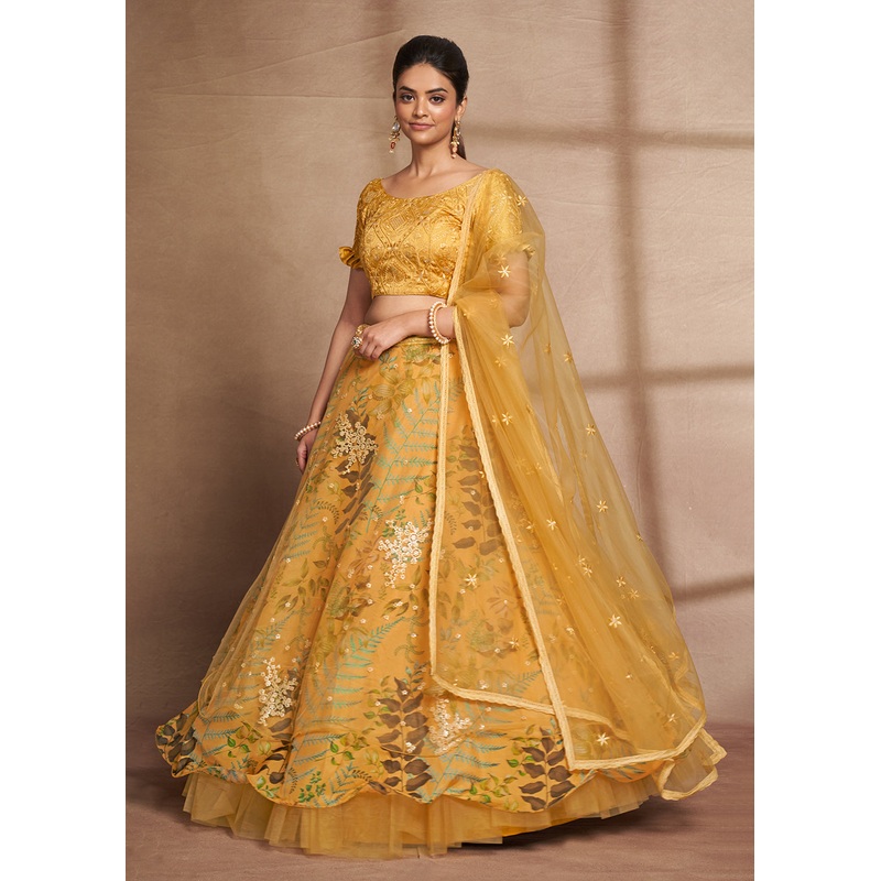Lovely Yellow Floral Digital Printed & Embroidered Lehenga Choli