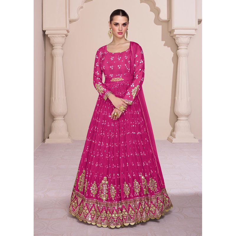 Magenta Pink Georgette Printed & Embroidered Anarkali Dress