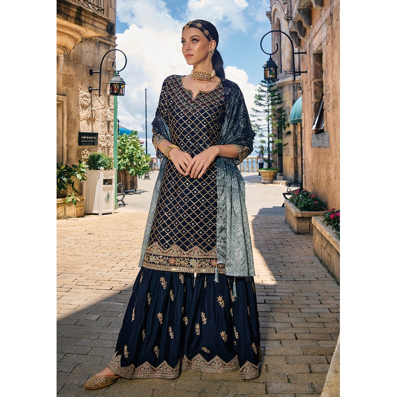 Majestic Blue Heavy Chinnon Khatli Embroidered Palazzo Suit