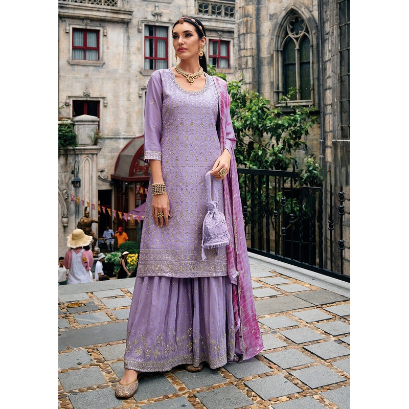 Majestic Lavender Heavy Chinnon Khatli Embroidered Palazzo Suit
