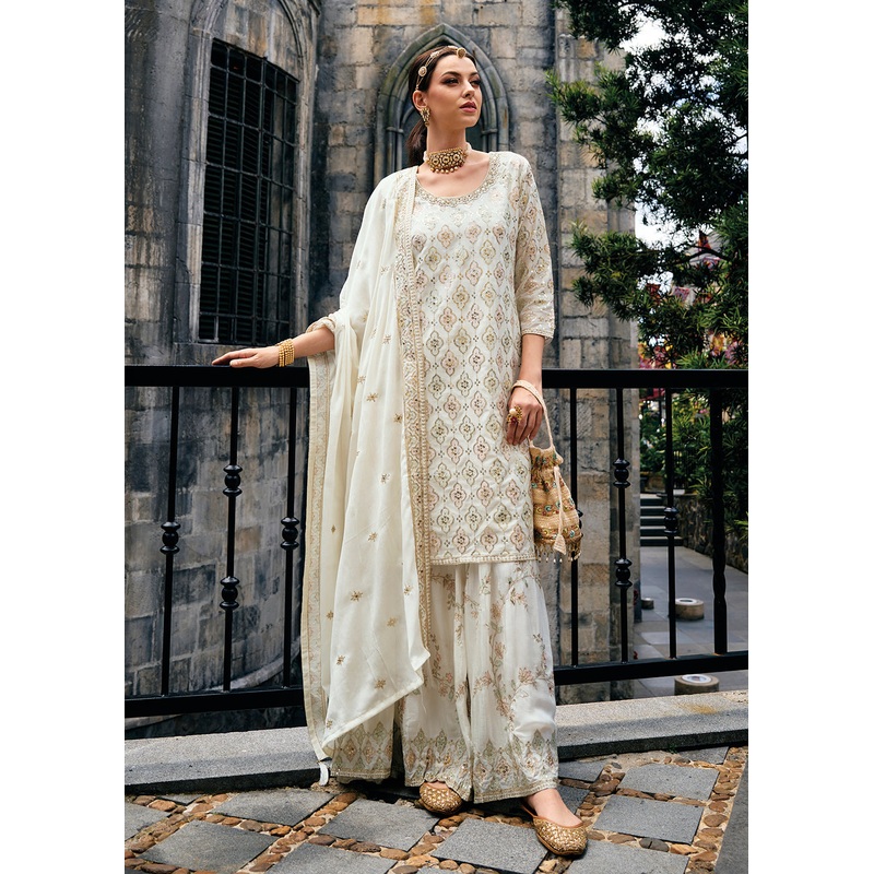 Majestic Off White Heavy Chinnon Khatli Embroidered Palazzo Suit