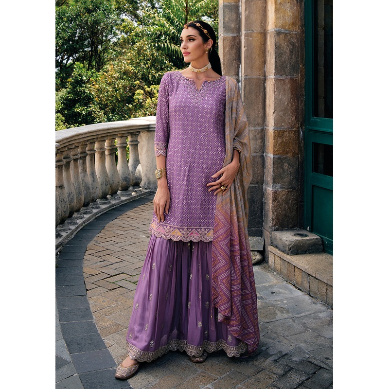 Majestic Purple Heavy Chinnon Khatli Embroidered Palazzo Suit
