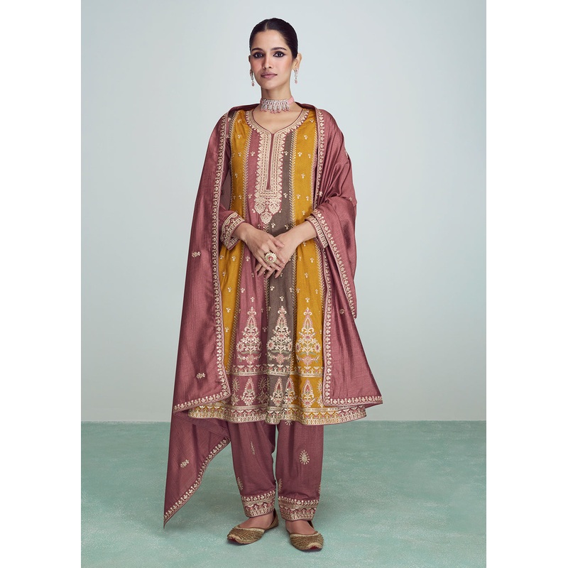 Mauve Multicolor Silk Embroidered Peplum Punjabi Style Suit