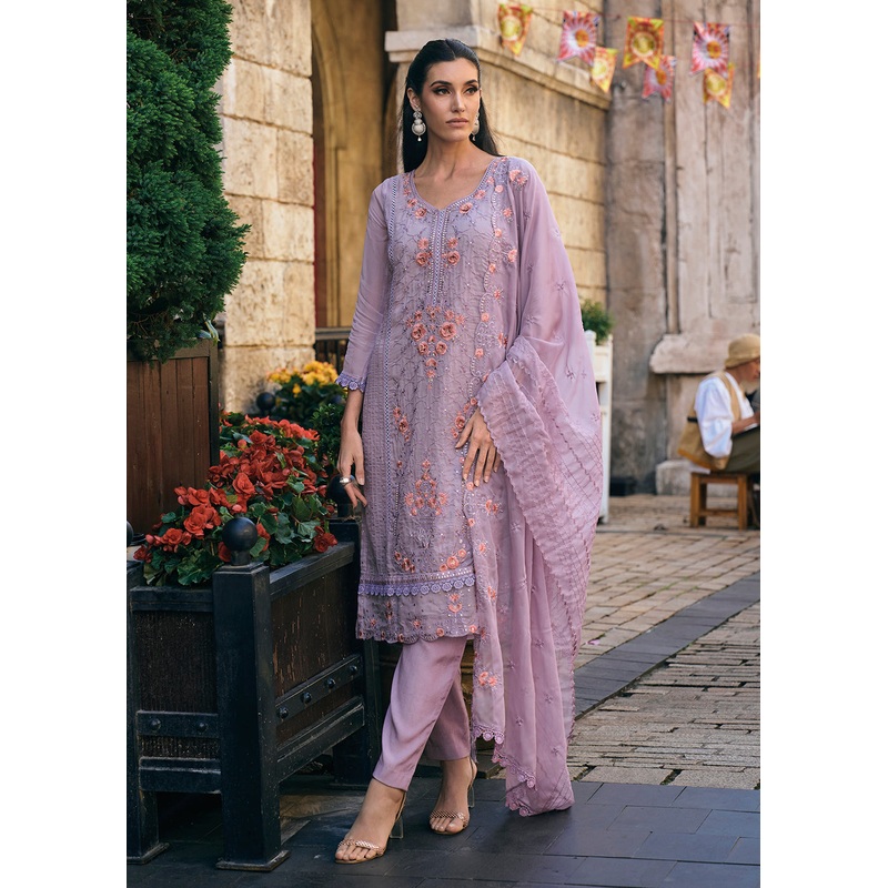 Mauve Organza Fancy Khatli Embroidered Pant Style Salwar Suit
