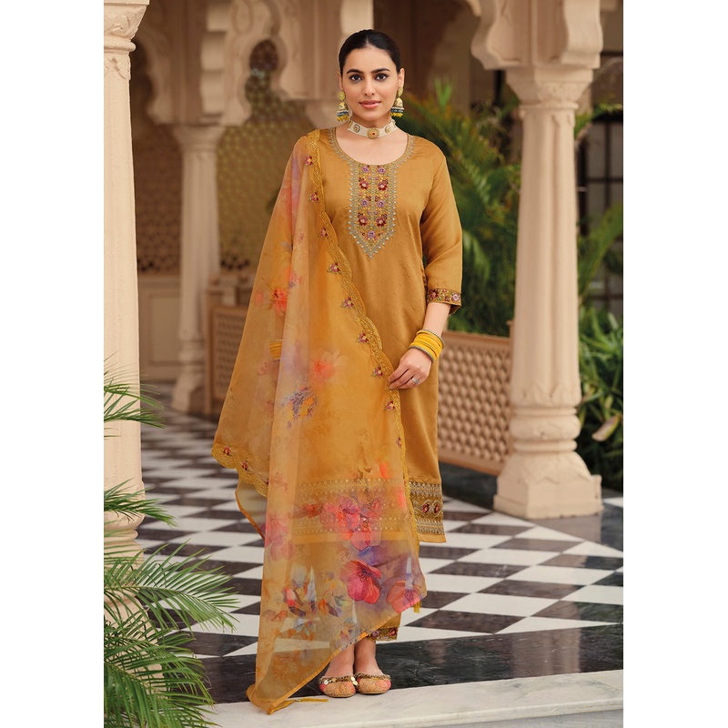 Mustard Color Embroidered Silk Pant Style Salwar Suit