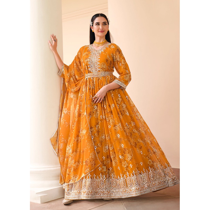 Mustard Floral Digital Printed & Embroidered Festive Anarkali Gown