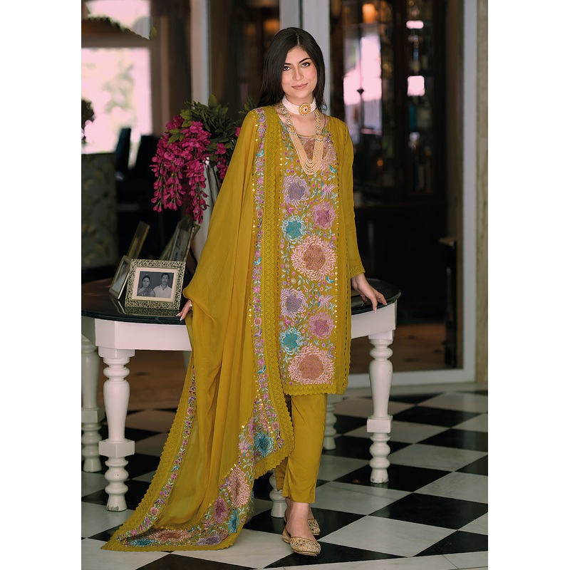 Mustard Organza Fancy Khatli Work Pakistani Style Suit