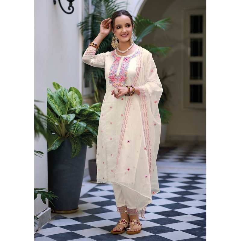 Off White Color Embroidered Organza Pant Style Salwar Suit