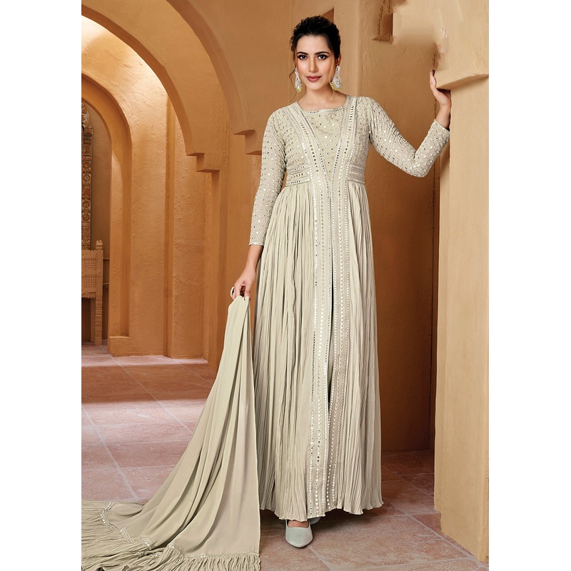 Off White Crushed Georgette Mirror Lucknowi Work Anarkali Dress