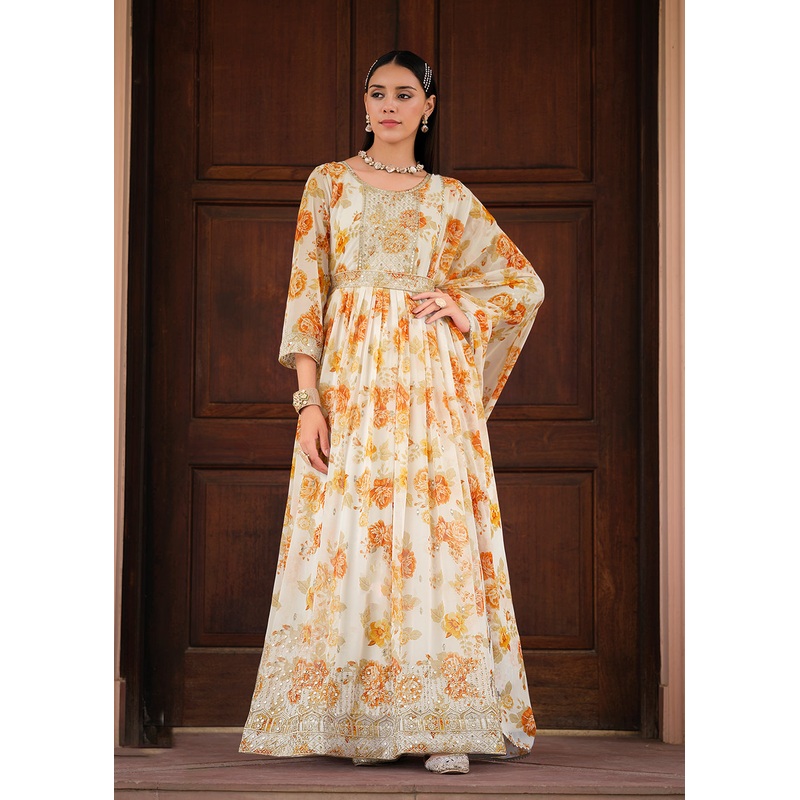 Off White Floral Digital Printed & Embroidered Festive Anarkali Gown