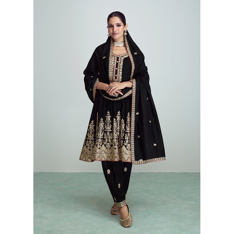 Party Black Silk Embroidered Peplum Punjabi Style Suit