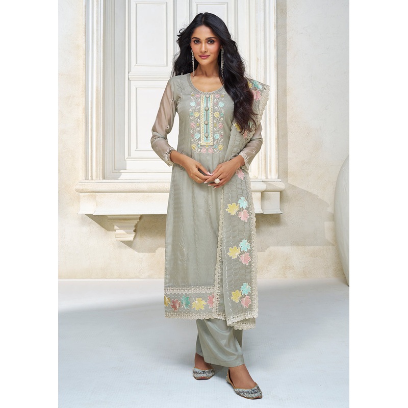 Pastel Grey Organza Silk Designer Salwar Suit