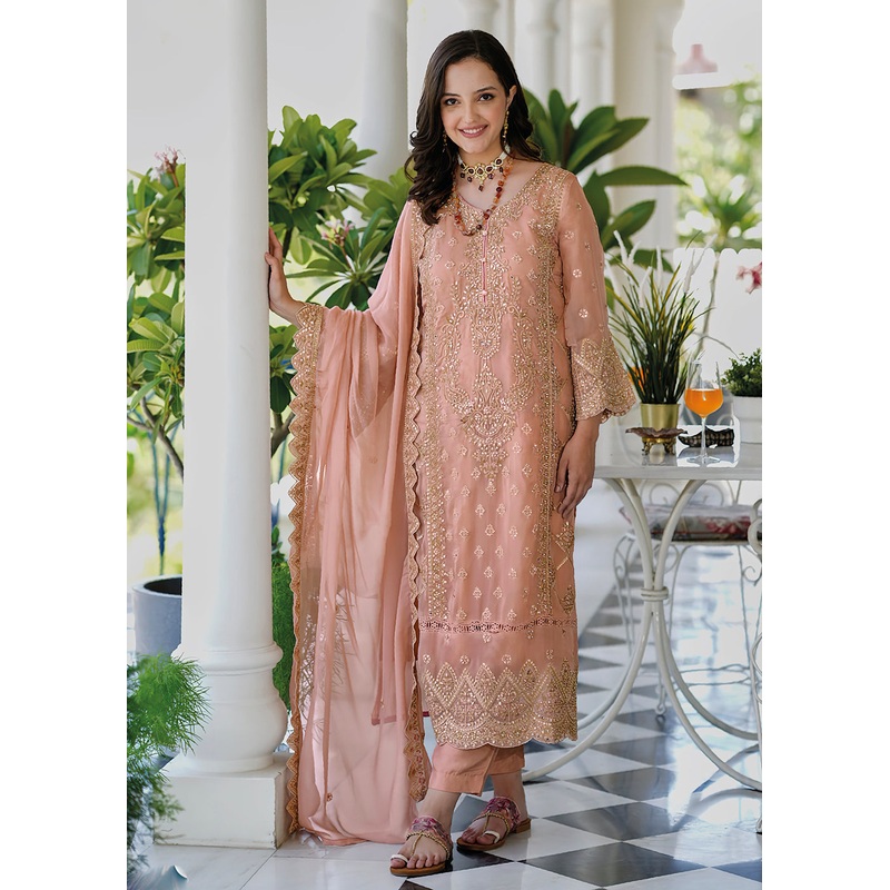Pastel Peach Soft Organza Embroidered Pant Style Salwar Suit