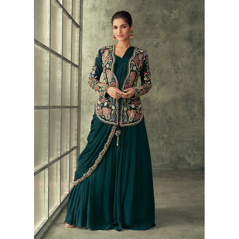 Peacock Green Silk Embroidered Designer Gown with Jacket
