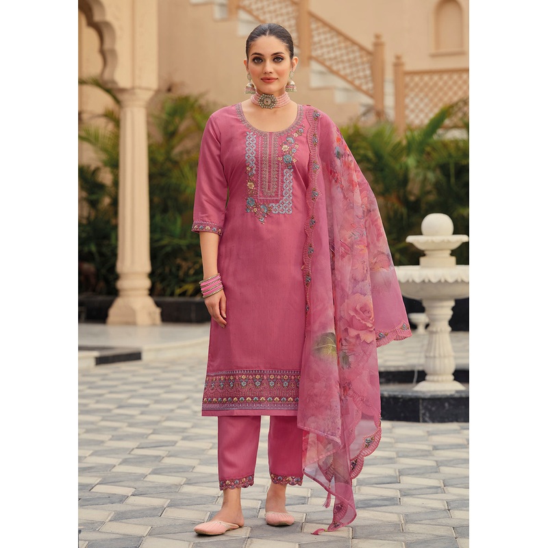 Pink Color Embroidered Silk Pant Style Salwar Suit