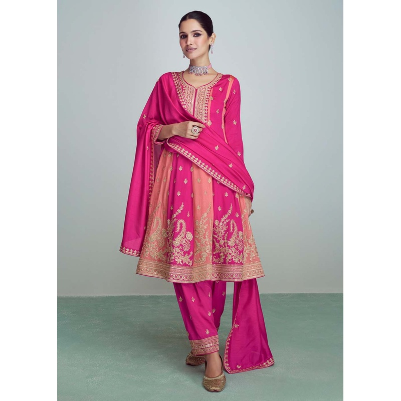 Pink & Peach Silk Embroidered Peplum Punjabi Style Suit