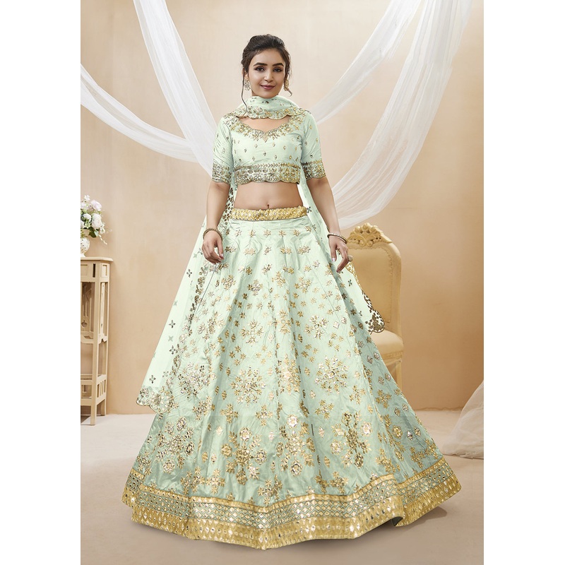 Pistachio Green Art Silk Embroidered Reception Wear Lehenga Choli