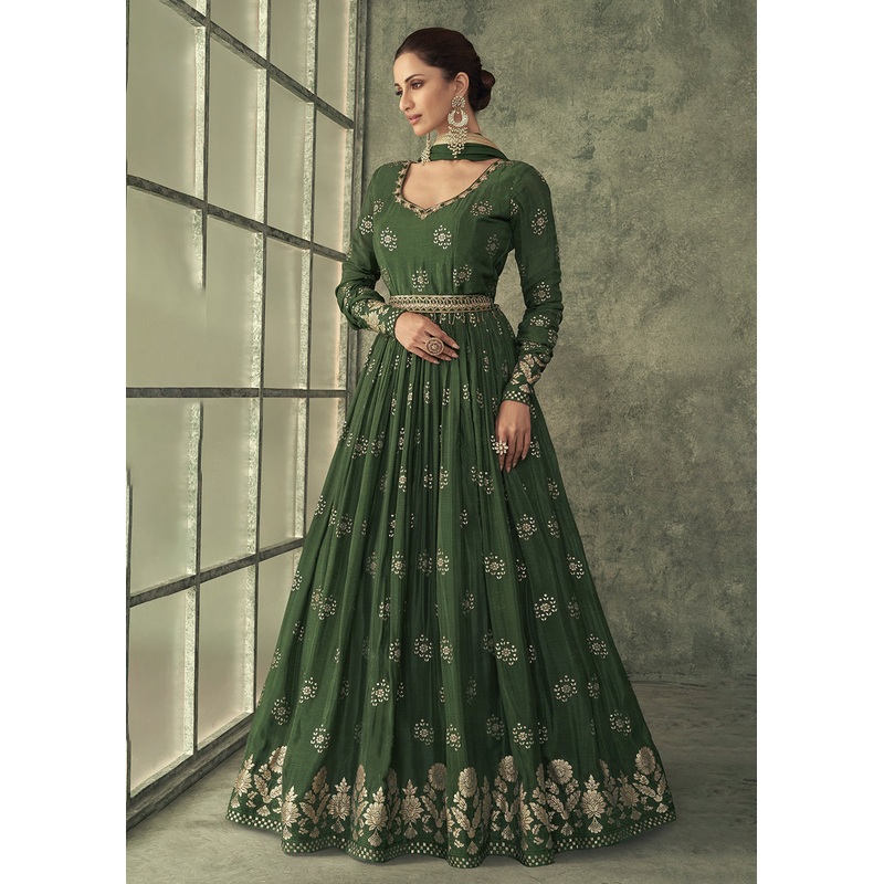 Pretty Green Viscose Silk Embroidered Wedding Anarkali Gown