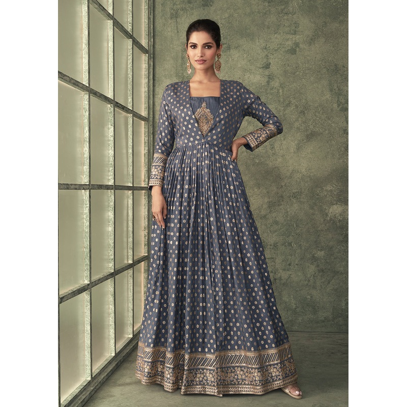 Pretty Grey Viscose Silk Embroidered Anarkali Gown with Jacket