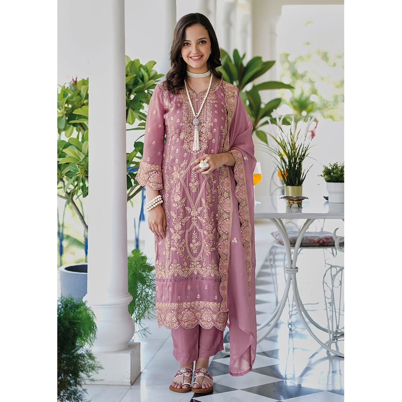 Pretty Pink Soft Organza Embroidered Pant Style Salwar Suit