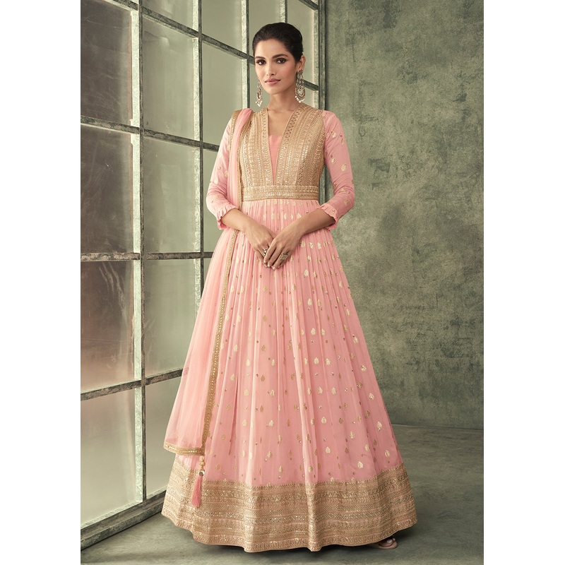 Pretty Pink Viscose Silk Embroidered Wedding Anarkali Gown