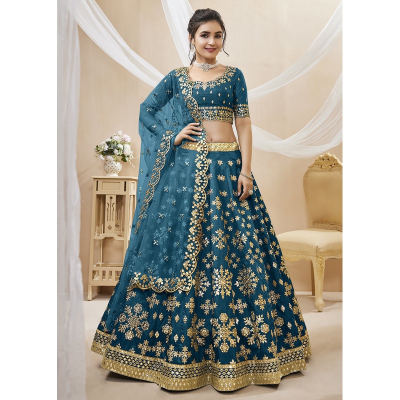 Prussian Blue Art Silk Embroidered Reception Wear Lehenga Choli