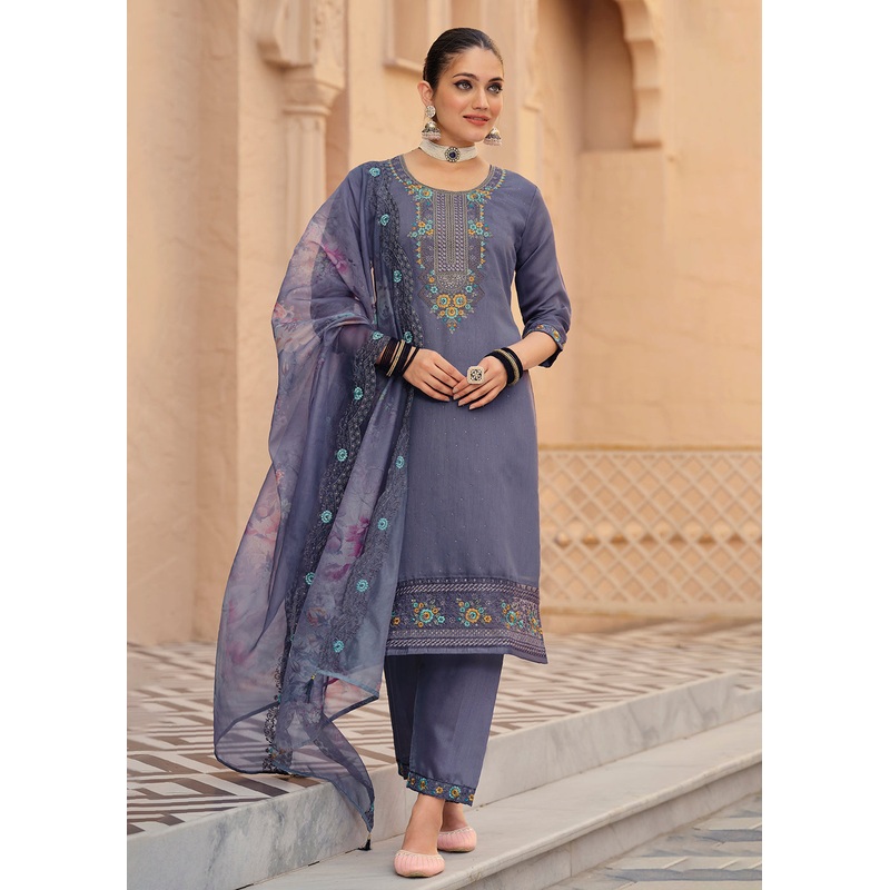 Purple Color Embroidered Silk Pant Style Salwar Suit
