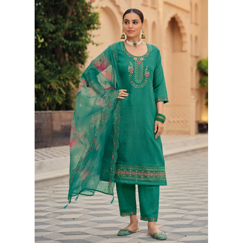 Rama Color Embroidered Silk Pant Style Salwar Suit