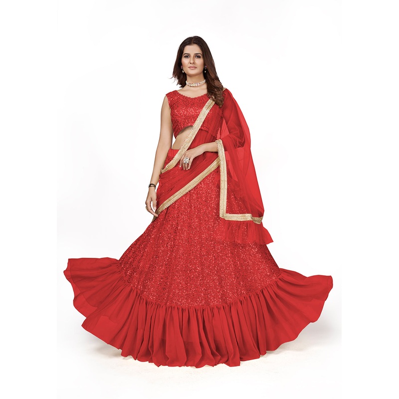 Red Multi Sequins Embroidered Party Wear Lehenga Choli