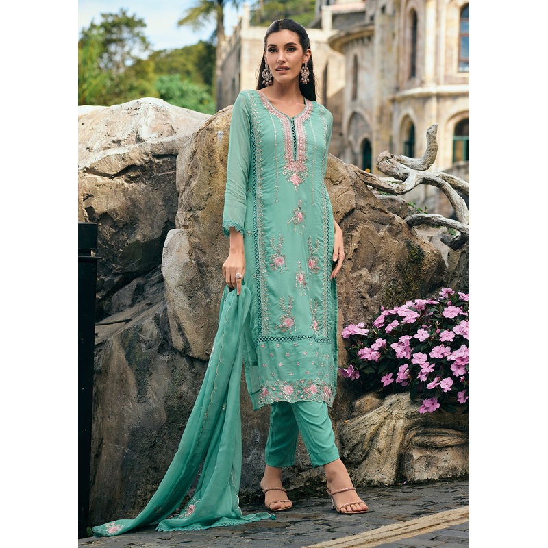 Sea Green Organza Fancy Khatli Embroidered Pant Style Salwar Suit