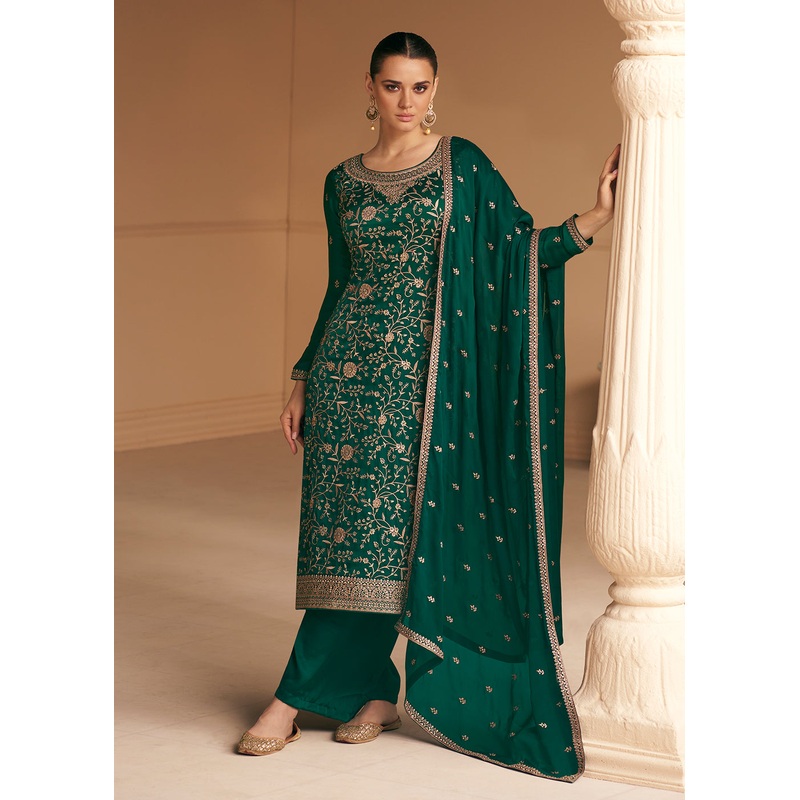 Soft Silk Dark Green Embroidered Wedding Festive Salwar Suit