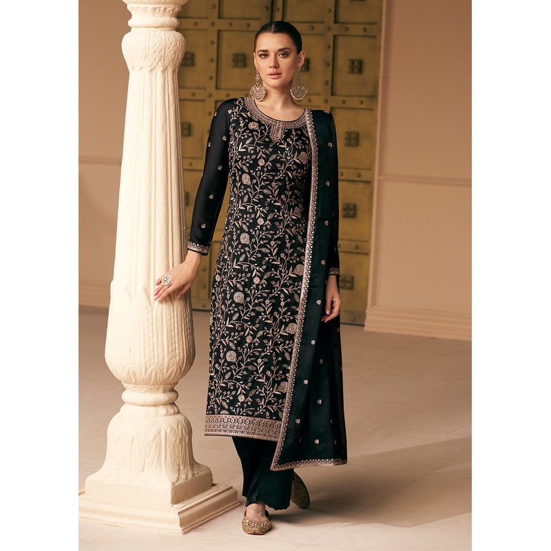Soft Silk Deep Black Embroidered Wedding Festive Salwar Suit