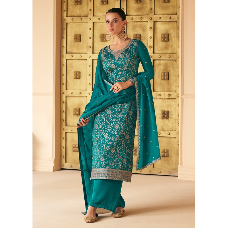 Soft Silk Teal Green Embroidered Wedding Festive Salwar Suit
