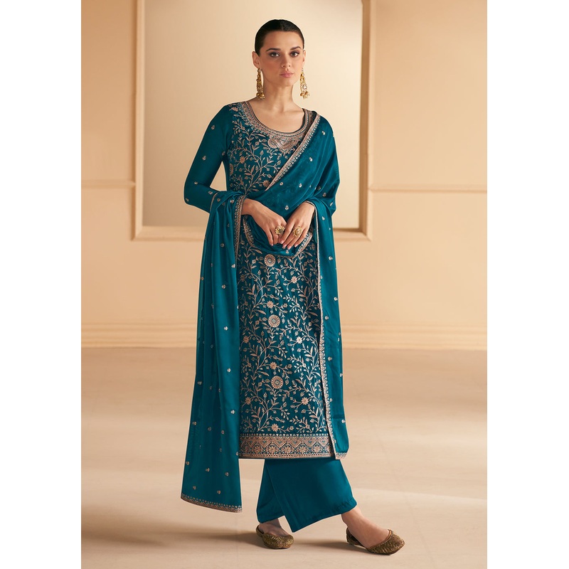 Soft Silk Turquoise Embroidered Wedding Festive Salwar Suit