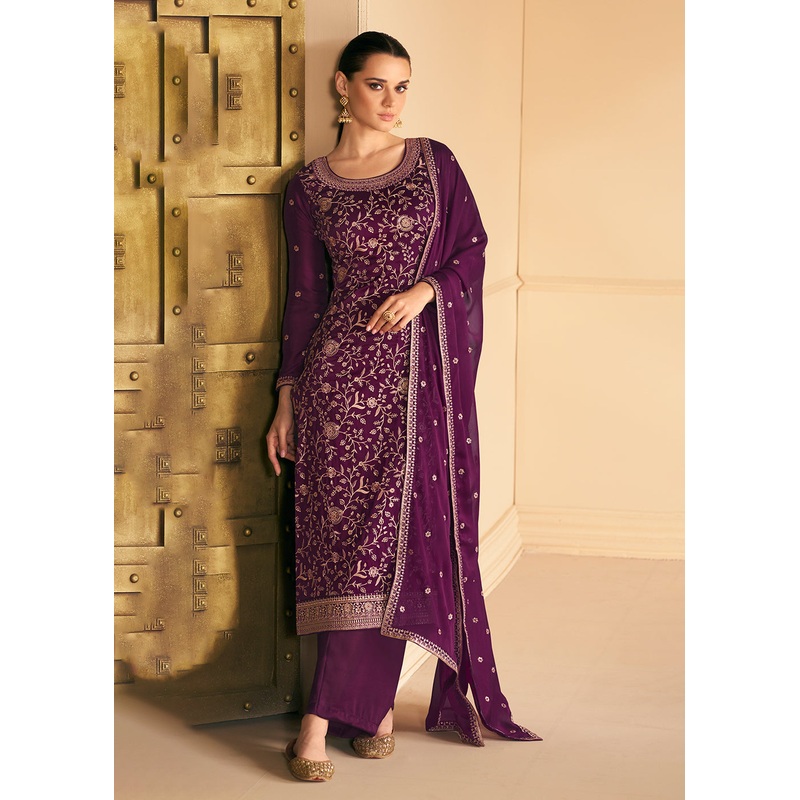 Soft Silk Wine Purple Embroidered Wedding Festive Salwar Suit