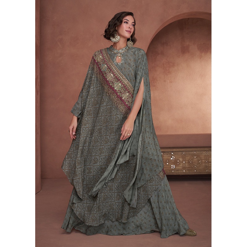 Taupe Green Designer Printed Work Indo Western Dress