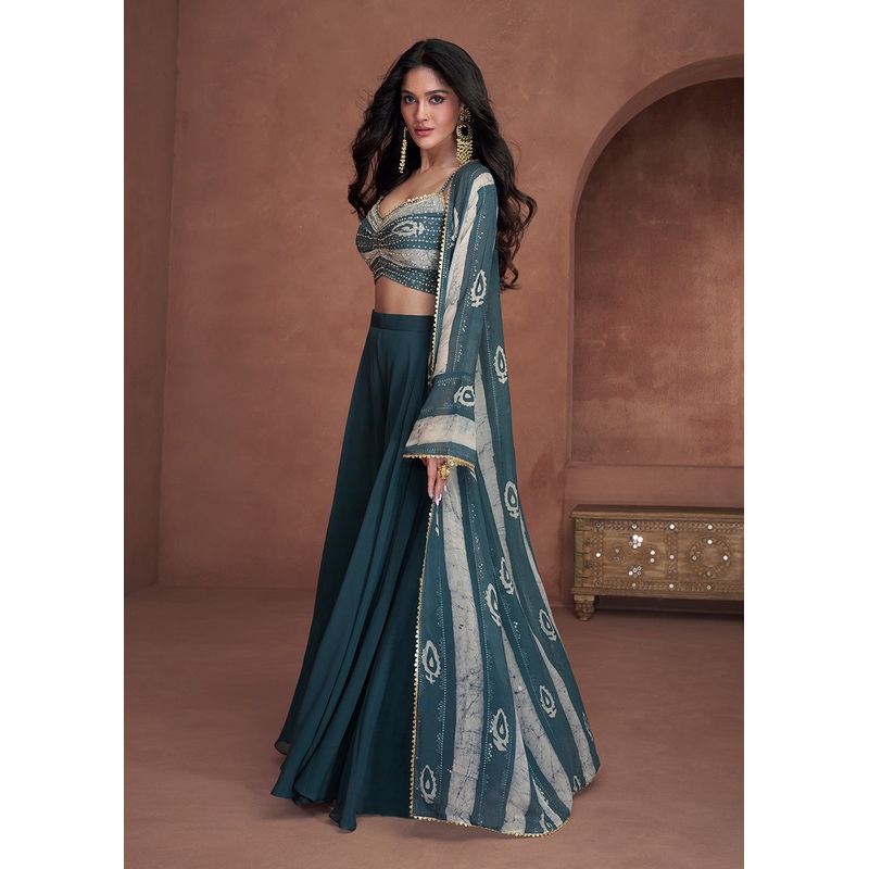 Teal Blue Jacket Style Sequins Work Indo Western Dress