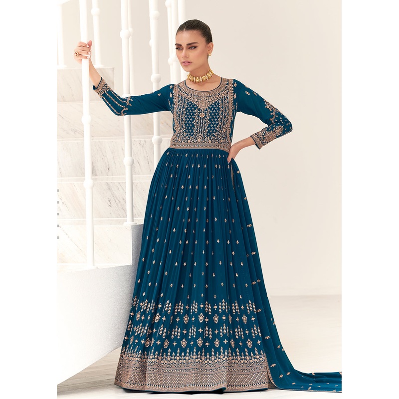 Teal Blue Real Georgette Party Style Anarkali Suit