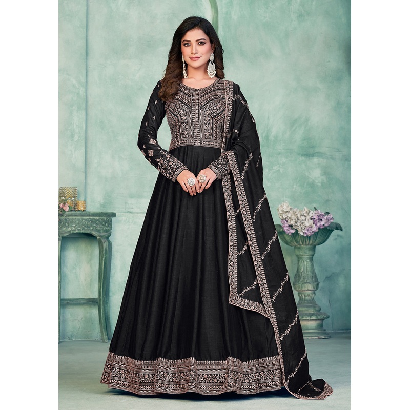 Tempting Black Art Silk Festive Style Anarkali Suit
