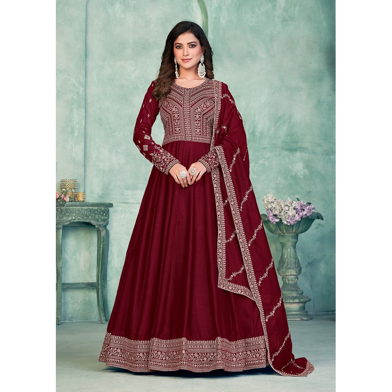 Tempting Maroon Art Silk Festive Style Anarkali Suit