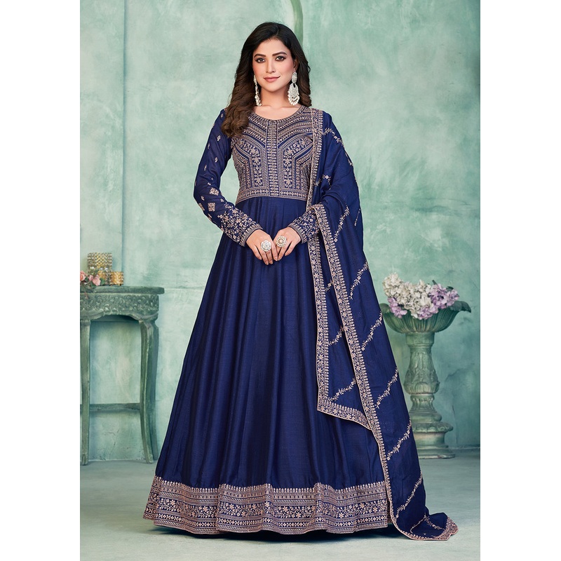 Tempting Navy Blue Art Silk Festive Style Anarkali Suit